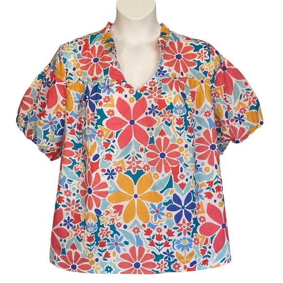 Fate Tops - Fate Curve Floral Print Bubble Sleeve Cotton Blouse Womens Plus Size 1X NWT
